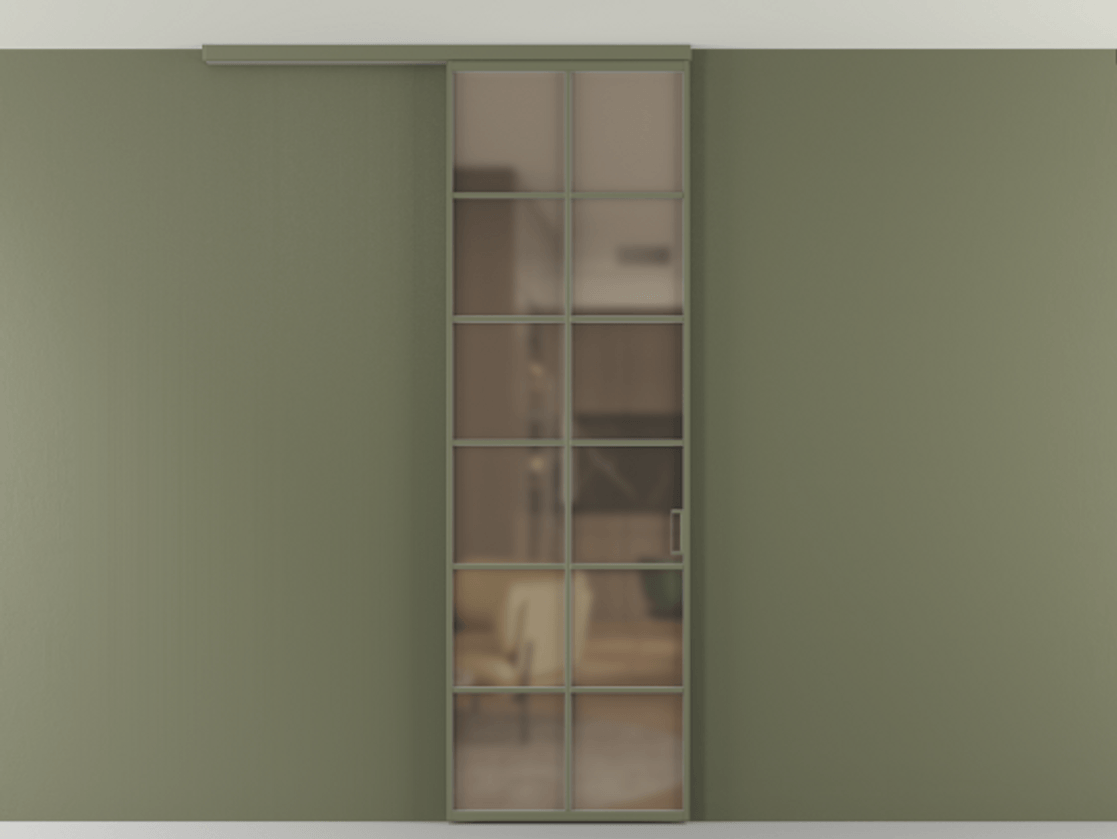 Перегородка Формато вдоль стены на потолок 1 створка АЛПР 040.05 Алюминий оливковый тёмный Сатинированное бронзовое стекло, триплекс Цена 815361 ₸ | Volhovec