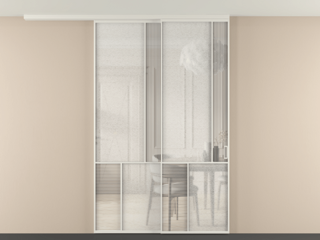 Перегородка Мозаик вдоль стены на потолок 2 створки с синхронным механизмом АЛПР 041.21 Алюминий Белый Рифлёное стекло "Дюна", триплекс, 6 мм + Фактурное стекло "Лёд", триплекс Цена 2612131 ₸ | Volhovec