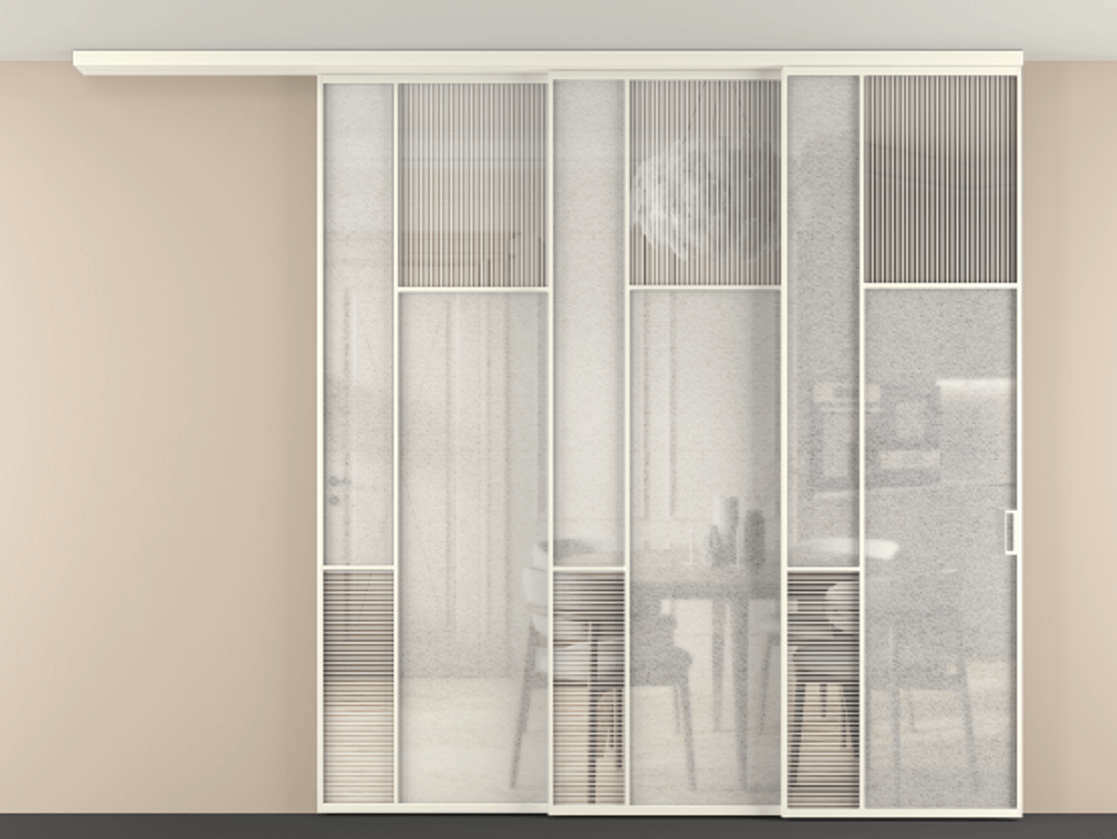 Перегородка Mosaic вдоль стены телескопик синхро 3 АЛПР 041.11 Алюминий жемчужный Рифлёное стекло "Дюна", триплекс, 6 мм + Фактурное стекло "Лёд", триплекс, 6 мм.  Цена 3083060 ₸ . Фабрика дверей Волховец 8 (800) 551 43 19  Перегородка Mosaic вдоль стены телескопик синхро 3 АЛПР 041.11 Алюминий жемчужный Рифлёное стекло "Дюна", триплекс, 6 мм + Фактурное стекло "Лёд", триплекс, 6 мм Цена 3083060 ₸ | Volhovec