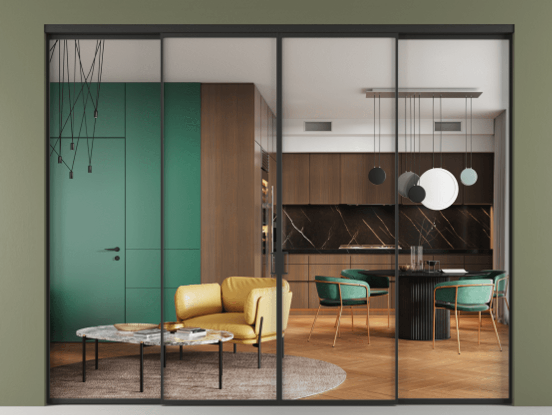 Перегородка Формато внутри проёма 4 створки АЛПР 040.01 Алюминий Черный Прозрачное стекло "Кристал Вижн", калёное Цена 2517178 ₸  | Volhovec