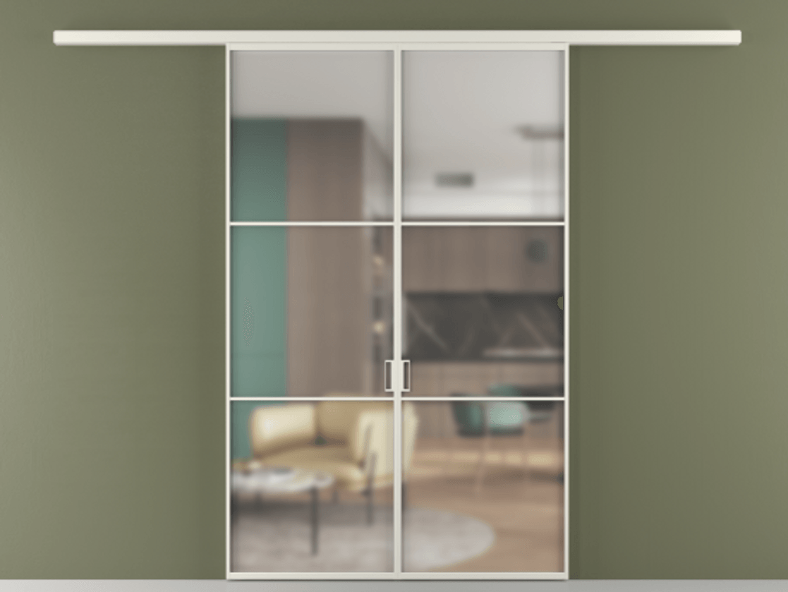 Перегородка Формато вдоль стены 2 створки АЛПР 040.03 Алюминий Белый Сатинированное стекло "Мателюкс Кристал Вижн", калёное, матовое, каленое 6 мм Цена 1571724 ₸ | Volhovec