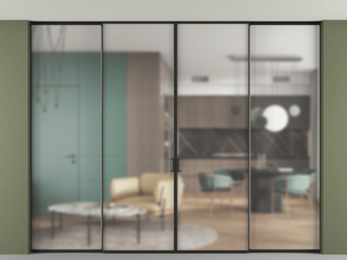 Перегородка Formato внутри проёма скрытое крепление в потолок 4 створки АЛПР 040.01 Алюминий Черный Сатинированное стекло "Matelux Crystal Vision", калёное, матовое, каленое 6 мм Цена 3222461 ₸ | Volhovec