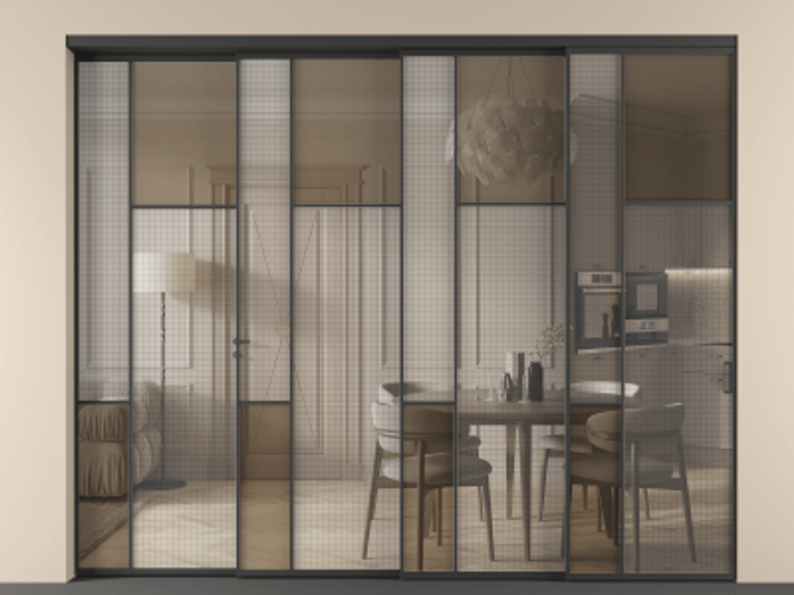 Перегородка Mosaic внутри проёма телескопик синхро 3 АЛПР 041.11 Алюминий Черный Mesh silver + Бронза прозрачное триплекс Цена 3445850 ₸ | Volhovec