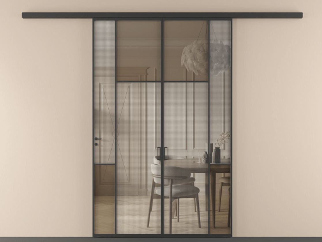 Перегородка Mosaic вдоль стены двустворчатая АЛПР 041.10 Алюминий Черный Mesh silver + Бронза прозрачное триплекс Цена 1569730 ₸ | Volhovec