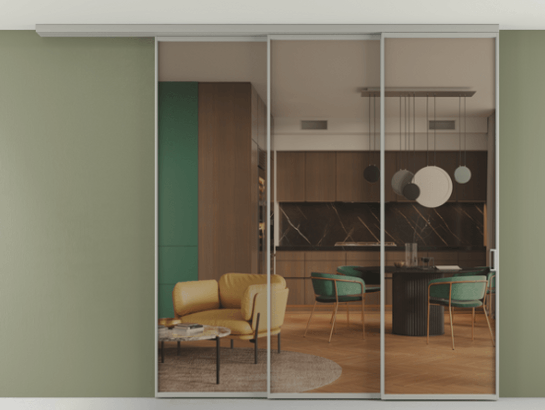 Перегородка Формато вдоль стены на потолок 3 створки с синхронным механизмом АЛПР 040.01 Алюминий нейтральный серый Прозрачное бронзовое стекло, триплекс Цена 2801796 ₸ | Volhovec