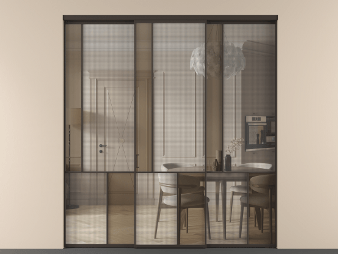 Перегородка Mosaic внутри проёма 3 створки АЛПР 041.20 Алюминий антрацит Декоративное стекло с сеткой "Mesh silver", триплекс, 6 мм + Прозрачное бронзовое стекло, триплекс Цена 2242590 ₸ | Volhovec