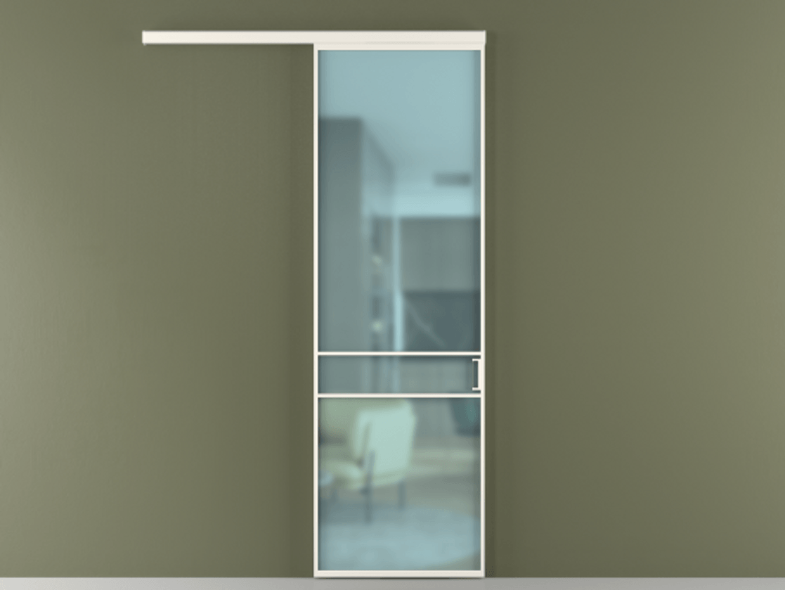 Перегородка Формато вдоль стены 1 створка АЛПР 040.02 Алюминий пудровый белый Сатинированное голубое стекло, триплекс Цена 801965 ₸  | Volhovec