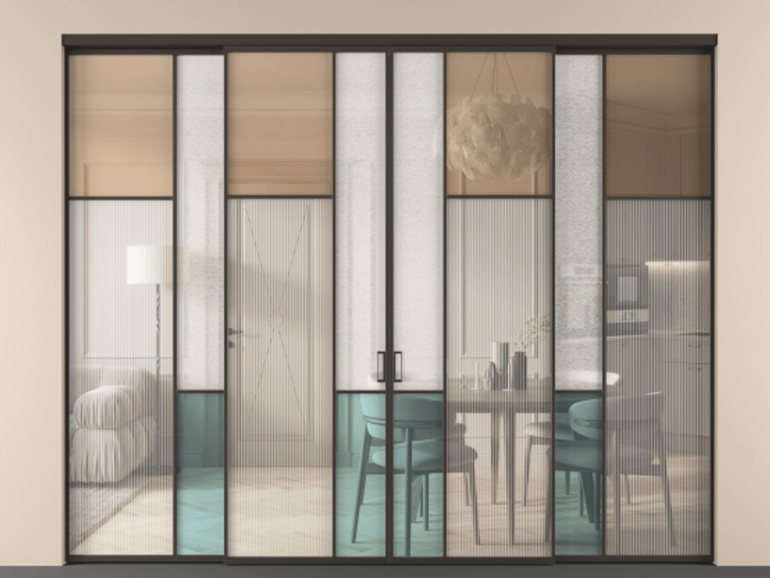 Перегородка Мозаик внутри проёма 4 створки АЛПР 041.11 Алюминий антрацит Комбинация стекол Группы 1 и Группы 3. Цена 3665995 ₸ . Фабрика дверей Волховец 8 (800) 551 43 19 Перегородка Мозаик внутри проёма 4 створки АЛПР 041.11 Алюминий антрацит Комбинация стекол Группы 1 и Группы 3 Цена 3665995 ₸ | Volhovec