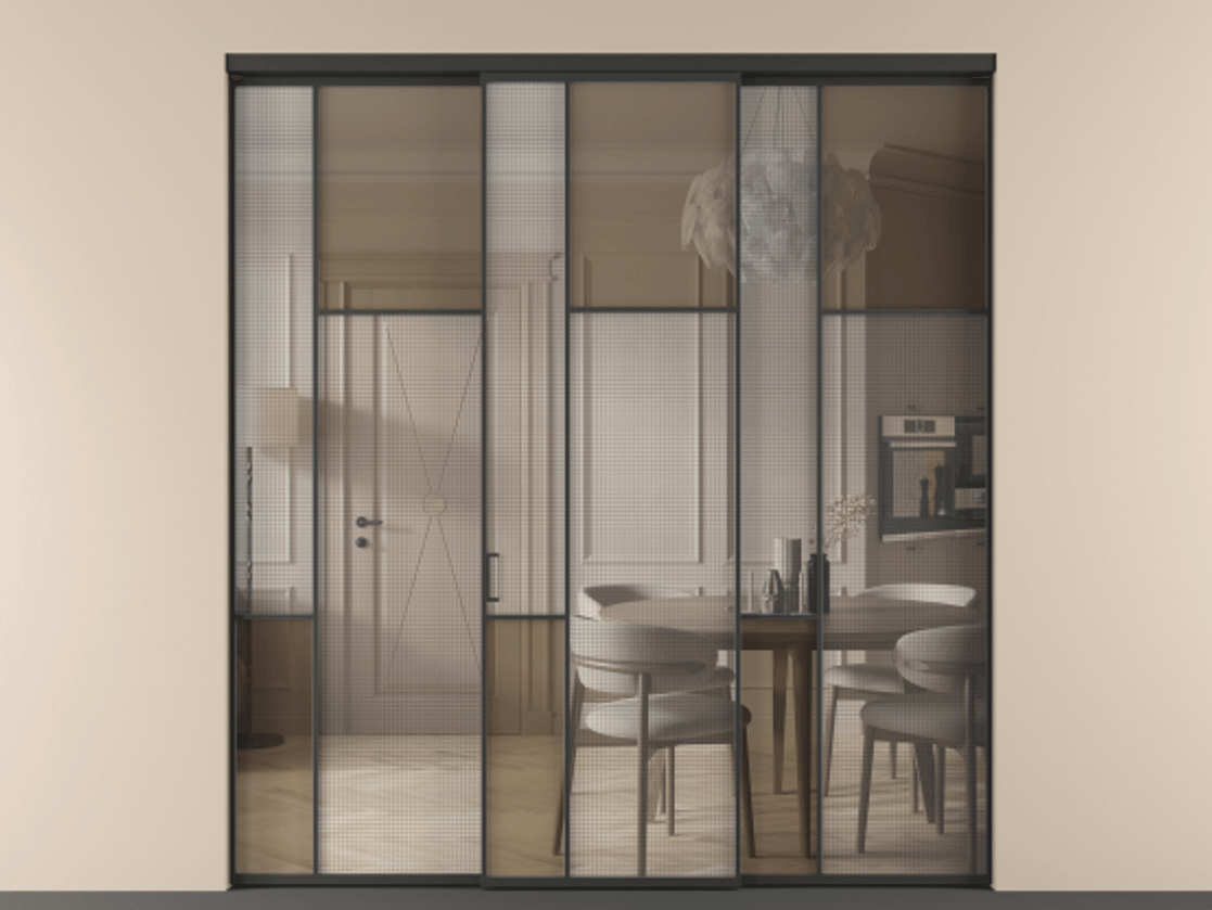 Перегородка Mosaic внутри проёма трёхстворчатая АЛПР 041.11 Алюминий Черный Mesh silver + Бронза прозрачное триплекс Цена 2036990 ₸ | Volhovec