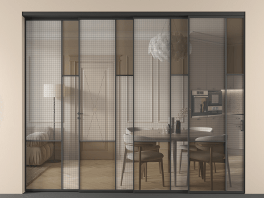 Перегородка Mosaic внутри проёма телескопик синхро 3 АЛПР 041.12 Алюминий Черный Mesh silver + Бронза прозрачное триплекс Цена 3445850 ₸ | Volhovec