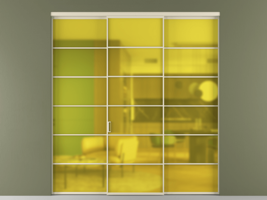 Перегородка Формато внутри проёма 3 створки АЛПР 040.04 Алюминий бежево-серый Сатинированное жёлтое стекло, триплекс Цена 2020486 ₸ | Volhovec