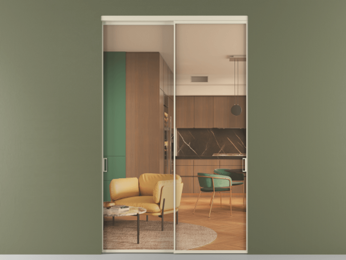 Перегородка Формато внутри проёма 2 створки АЛПР 040.01 Алюминий бежево-серый Прозрачное оранжевое стекло, триплекс Цена 3149874 ₸  | Volhovec