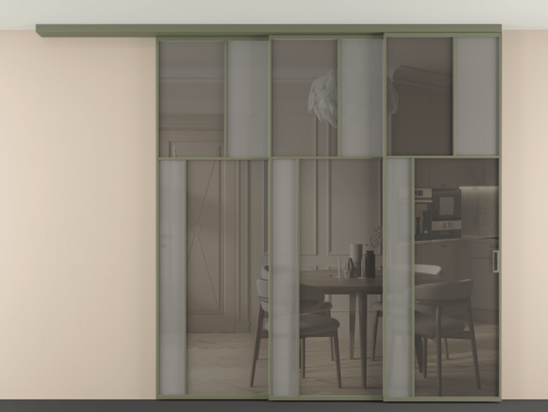 Перегородка Mosaic вдоль стены телескопик синхро 3 АЛПР 041.22 Алюминий оливковый тёмный Сатинированное серое стекло, триплекс, 6 мм + Прозрачное серое стекло, триплекс, 6 мм.  Цена 2933300 ₸ . Фабрика дверей Волховец 8 (800) 551 43 19  Перегородка Mosaic вдоль стены телескопик синхро 3 АЛПР 041.22 Алюминий оливковый тёмный Сатинированное серое стекло, триплекс, 6 мм + Прозрачное серое стекло, триплекс, 6 мм Цена 2933300 ₸ | Volhovec