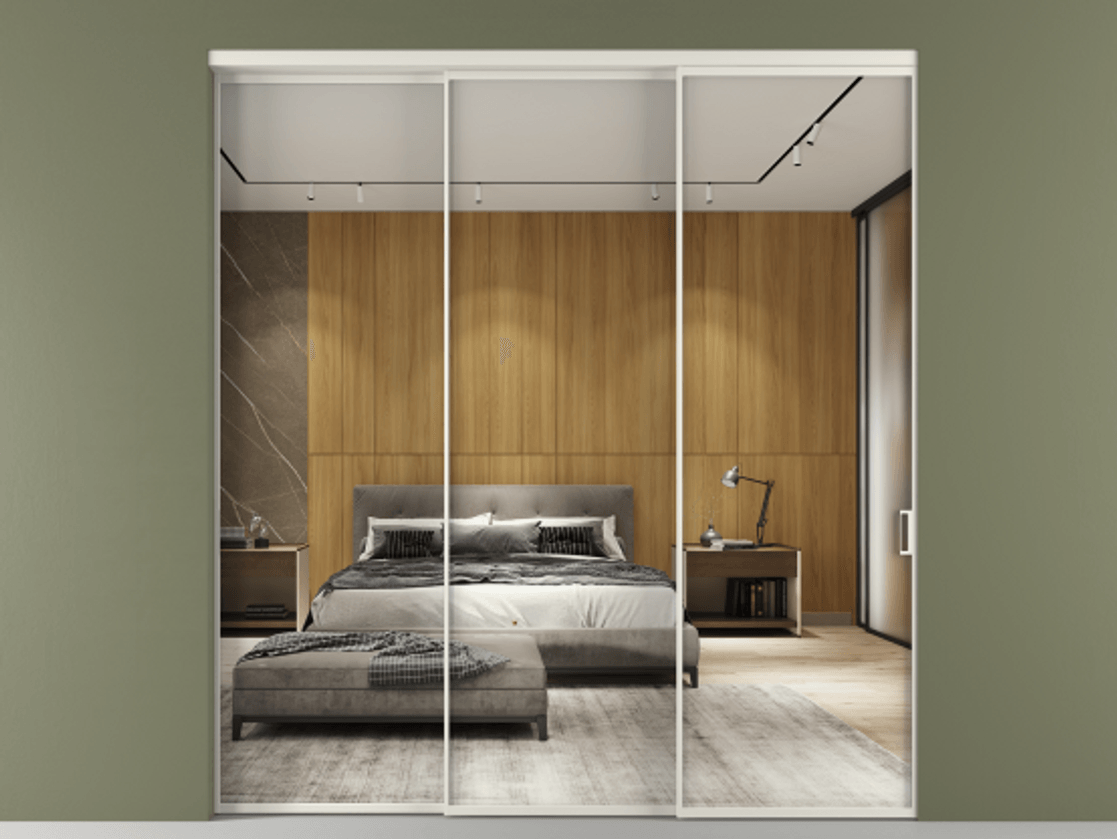 Перегородка Формато внутри проёма 3 створки с синхронным механизмом АЛПР 040.01 Алюминий Белый Двустороннее зеркало, триплекс , триплекс 6 мм Цена 2389867 ₸  | Volhovec