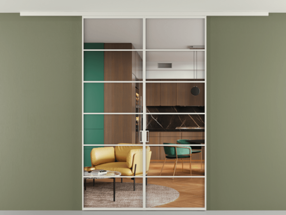 Перегородка Формато вдоль стены на потолок 2 створки АЛПР 040.04 Алюминий Белый Прозрачное стекло "Кристал Вижн", калёное Цена 1612276 ₸ | Volhovec