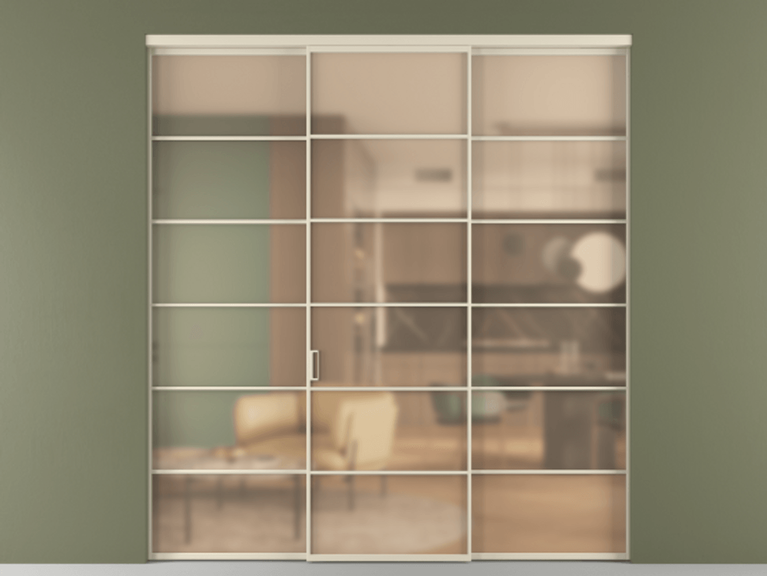 Перегородка Формато внутри проёма 3 створки АЛПР 040.04 Алюминий бежево-серый Сатинированное оранжевое стекло, триплекс Цена 2020486 ₸ | Volhovec