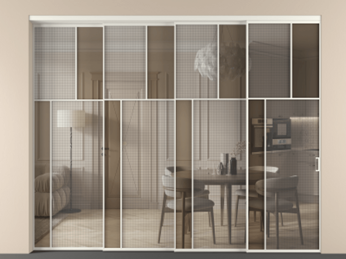 Перегородка Mosaic внутри проёма телескопик синхро 3 АЛПР 041.22 Алюминий Белый Mesh silver + Бронза прозрачное триплекс Цена 3445850 ₸ | Volhovec