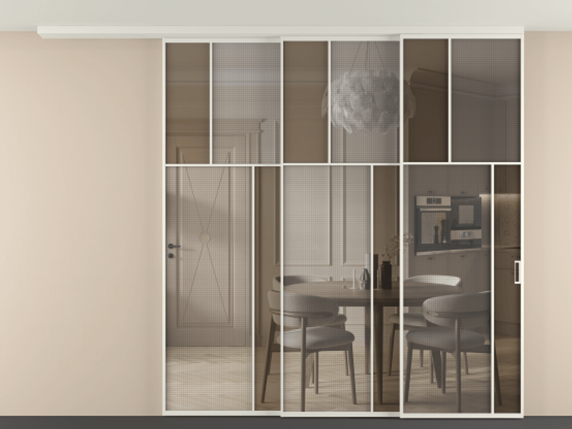 Перегородка Mosaic вдоль стены телескопик синхро 3 АЛПР 041.23 Алюминий Белый Mesh silver + Бронза прозрачное триплекс Цена 2905840 ₸ | Volhovec
