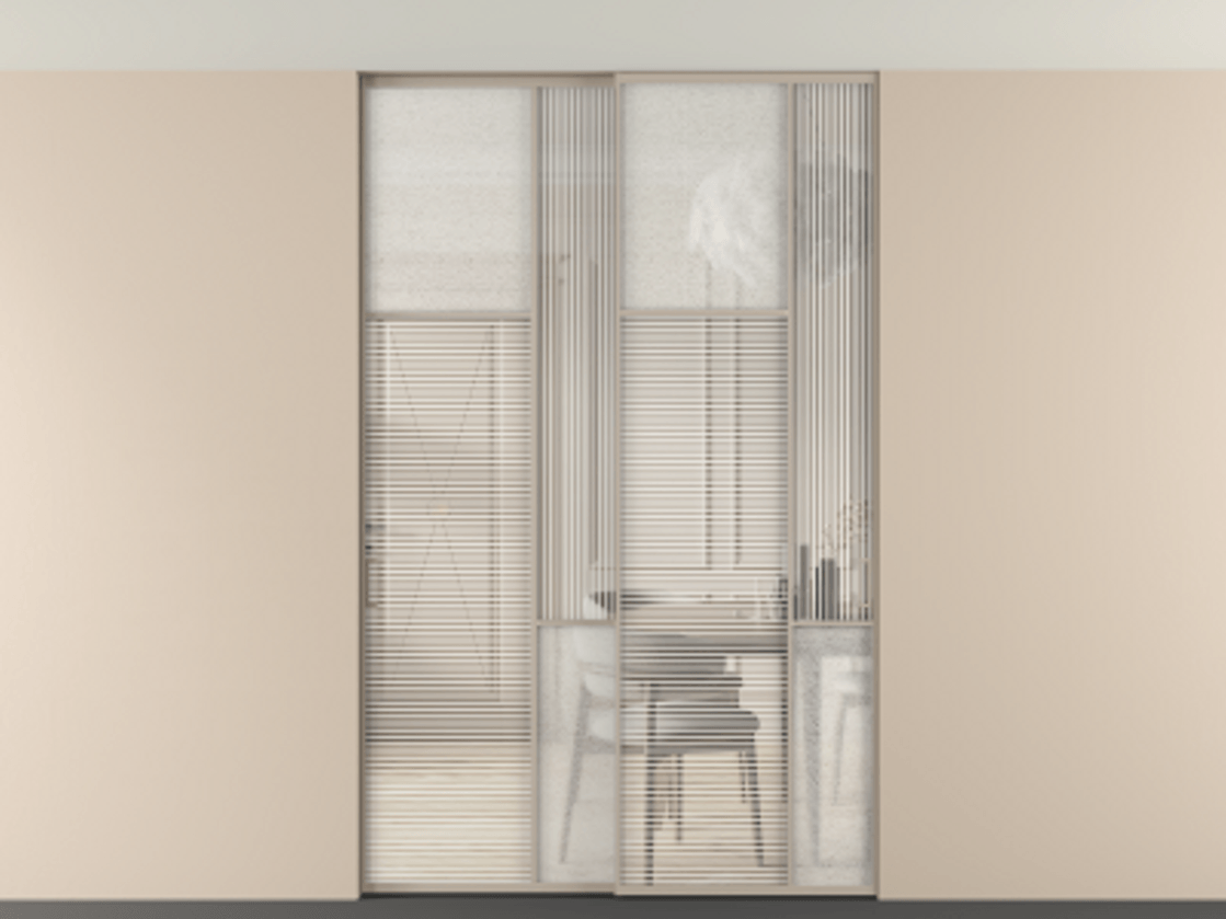 Перегородка Mosaic внутри проёма двустворчатая со скрытым креплением в потолок АЛПР 041.10 Алюминий бисквитный Рифлёное стекло "Дюна", триплекс, 6 мм + Фактурное стекло "Лёд", триплекс, 6 мм.  Цена 2009400 ₸ . Фабрика дверей Волховец 8 (800) 551 43 19  Перегородка Mosaic внутри проёма двустворчатая со скрытым креплением в потолок АЛПР 041.10 Алюминий бисквитный Рифлёное стекло "Дюна", триплекс, 6 мм + Фактурное стекло "Лёд", триплекс, 6 мм Цена 2009400 ₸ | Volhovec