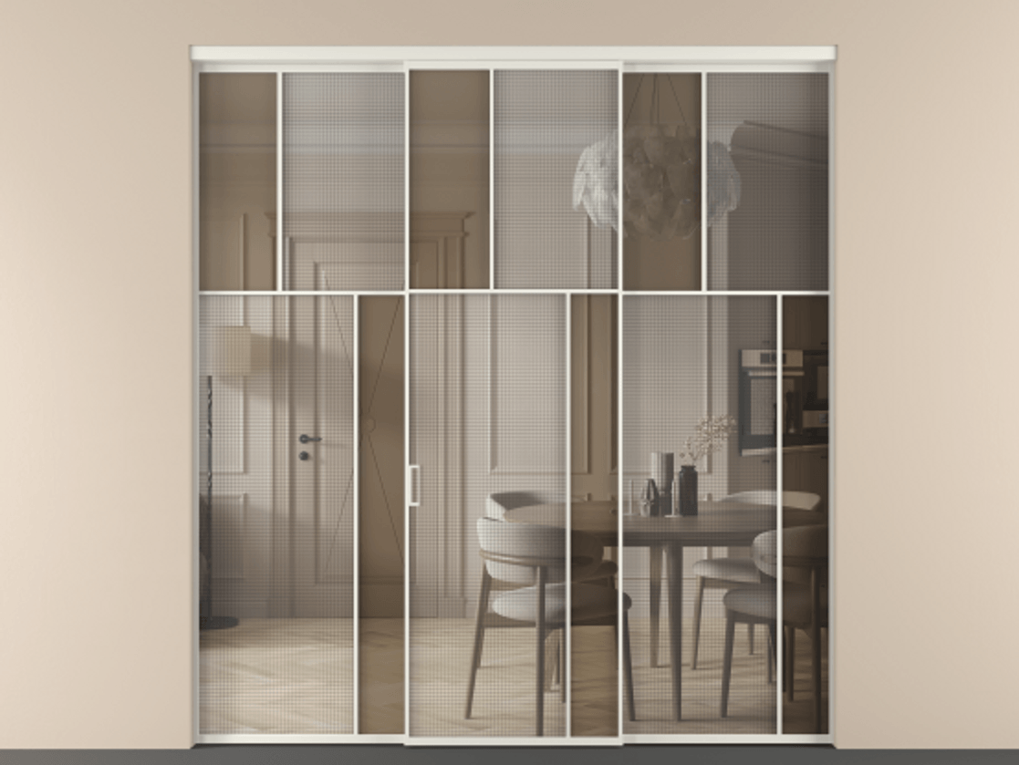 Перегородка Mosaic внутри проёма трёхстворчатая АЛПР 041.23 Алюминий Белый Mesh silver + Бронза прозрачное триплекс Цена 2036990 ₸ | Volhovec