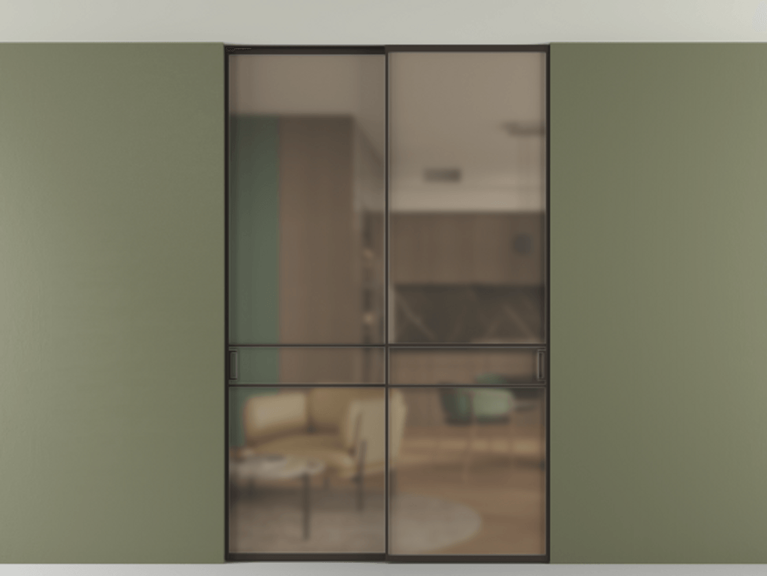 Перегородка Формато внутри проёма скрытое крепление в потолок 2 створки АЛПР 040.02 Алюминий антрацит Сатинированное бронзовое стекло, триплекс Цена 1876505 ₸ | Volhovec