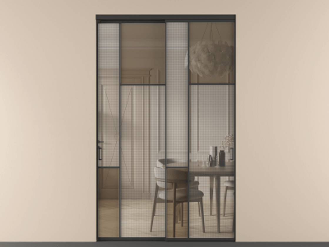 Перегородка Mosaic внутри проёма двустворчатая АЛПР 041.11 Алюминий Черный Mesh silver + Бронза прозрачное триплекс Цена 1436200 ₸ | Volhovec
