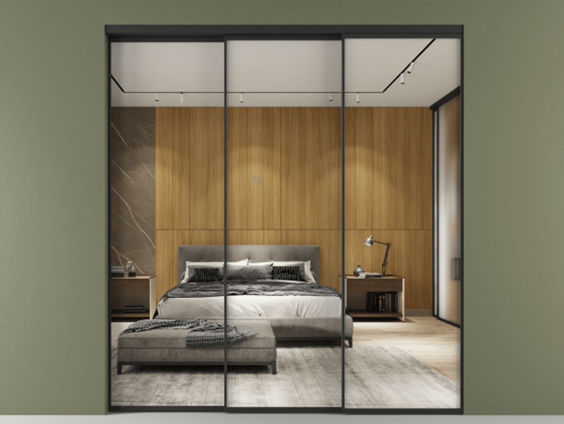 Перегородка Формато внутри проёма 3 створки с синхронным механизмом АЛПР 040.01 Алюминий Черный Двустороннее зеркало, триплекс , триплекс 6 мм Цена 2314683 ₸  | Volhovec