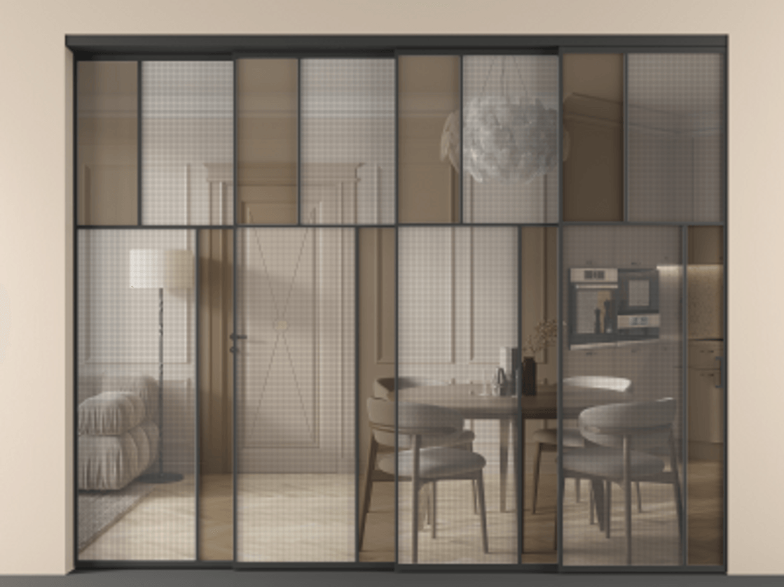 Перегородка Mosaic внутри проёма телескопик синхро 3 АЛПР 041.23 Алюминий Черный Mesh silver + Бронза прозрачное триплекс Цена 3445850 ₸ | Volhovec