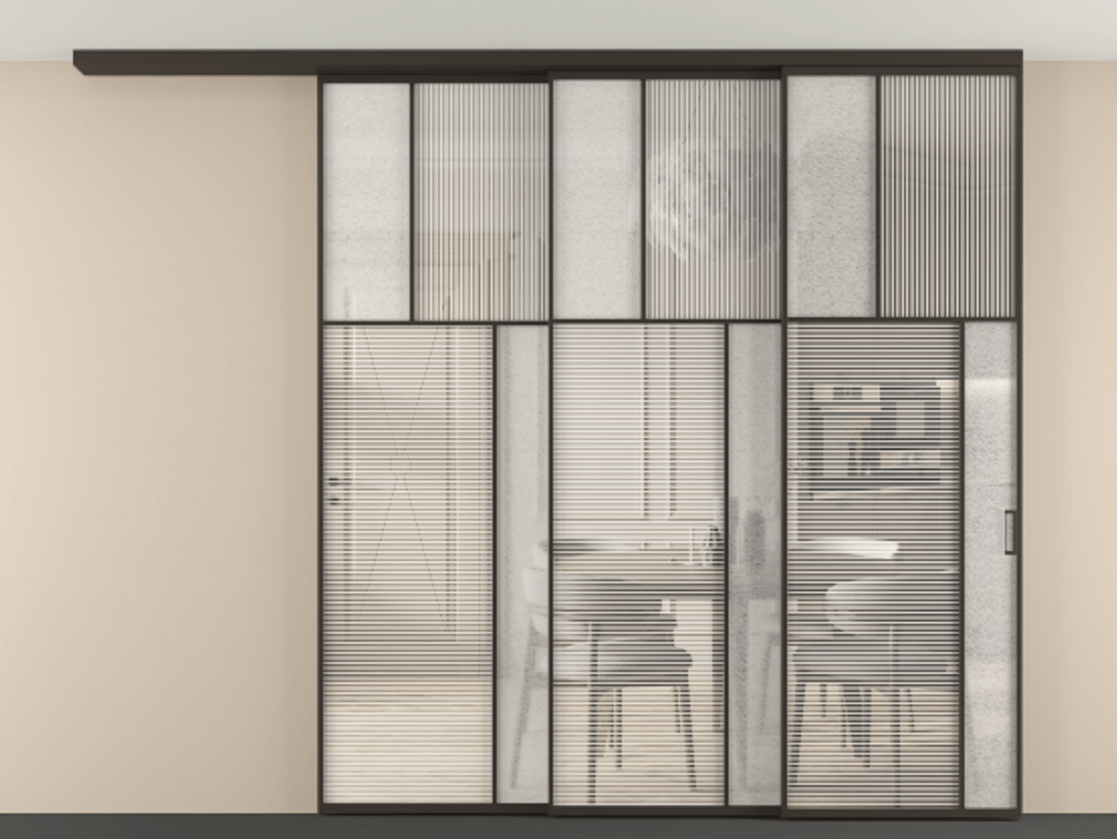 Перегородка Мозаик вдоль стены на потолок 3 створки с синхронным механизмом АЛПР 041.23 Алюминий антрацит Рифлёное стекло "Дюна", триплекс, 6 мм + Фактурное стекло "Лёд", триплекс. Цена 3950251 ₸ . Фабрика дверей Волховец 8 (800) 551 43 19 Перегородка Мозаик вдоль стены на потолок 3 створки с синхронным механизмом АЛПР 041.23 Алюминий антрацит Рифлёное стекло "Дюна", триплекс, 6 мм + Фактурное стекло "Лёд", триплекс Цена 3950251 ₸ | Volhovec