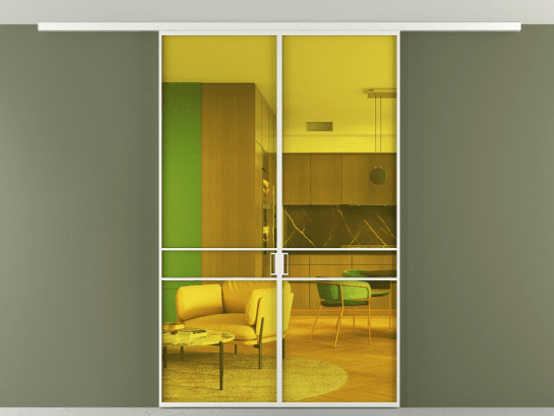 Перегородка Formato вдоль стены на потолок 2 створки АЛПР 040.02 Алюминий светло-серый Прозрачное жёлтое стекло, триплекс Цена 1216000 ₸ | Volhovec