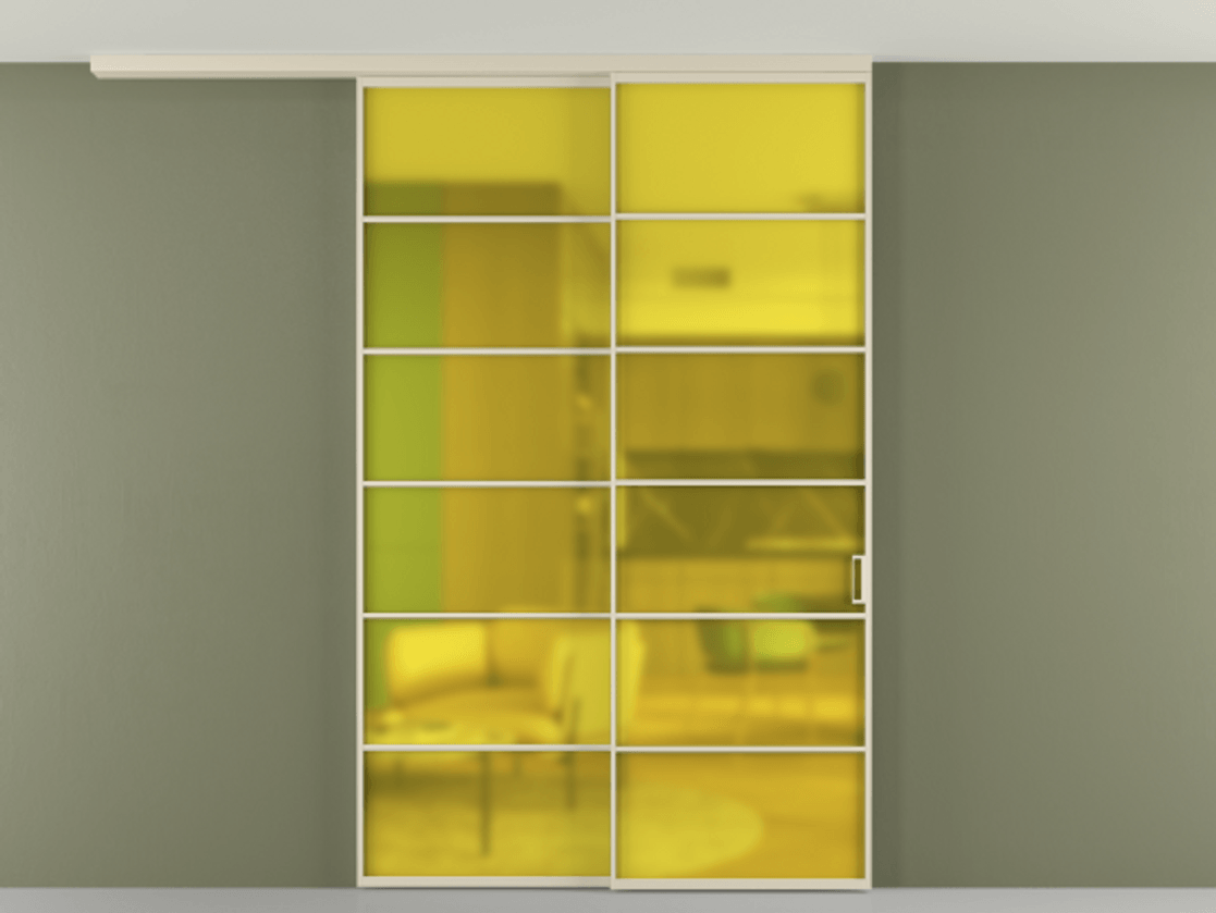 Перегородка Формато вдоль стены на потолок 2 створки с синхронным механизмом АЛПР 040.04 Алюминий бежево-серый Сатинированное жёлтое стекло, триплекс Цена 2205282 ₸ | Volhovec