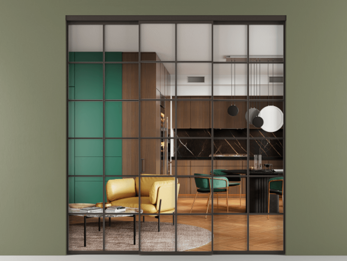 Перегородка Formato внутри проёма 3 створки АЛПР 040.05 Алюминий антрацит Прозрачное стекло "Crystal Vision", калёное Цена 2127840 ₸ | Volhovec