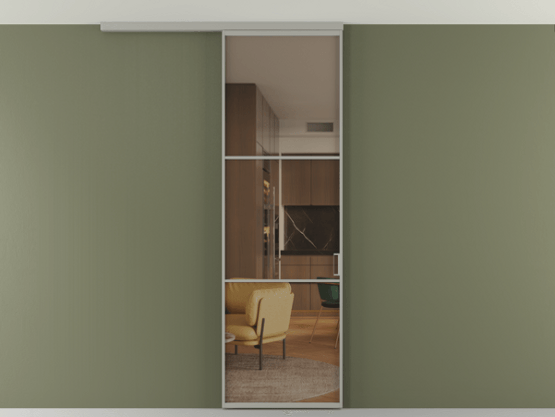 Перегородка Формато вдоль стены на потолок 1 створка АЛПР 040.03 Алюминий нейтральный серый Прозрачное бронзовое стекло, триплекс Цена 763469 ₸ | Volhovec