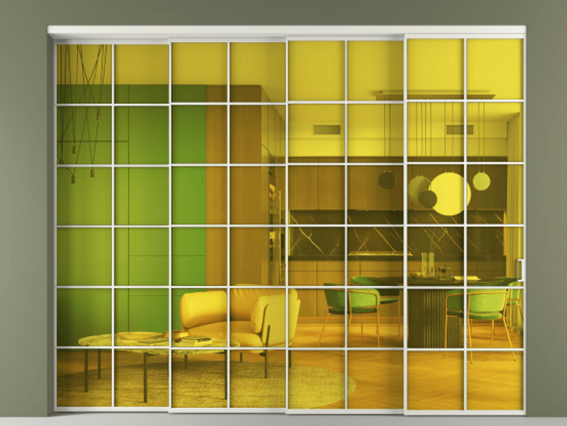 Перегородка Formato внутри проёма 4 створки с синхронным механизмом АЛПР 040.05 Алюминий серый Прозрачное жёлтое стекло, триплекс Цена 3049400 ₸ | Volhovec