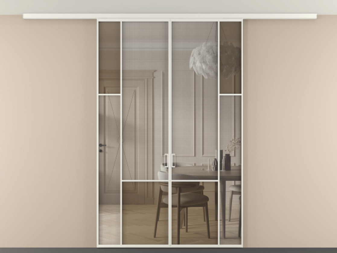 Перегородка Mosaic вдоль стены на потолок двустворчатая АЛПР 041.12 Алюминий Белый Декоративное стекло с сеткой "Mesh silver", триплекс, 6 мм + Прозрачное бронзовое стекло, триплекс, 6 мм. Скрытый короб БЕЛ Цена 1559501 ₸ . Фабрика дверей Волховец 8 (800) 551 43 19  Перегородка Mosaic вдоль стены на потолок двустворчатая АЛПР 041.12 Алюминий Белый Декоративное стекло с сеткой "Mesh silver", триплекс, 6 мм + Прозрачное бронзовое стекло, триплекс, 6 мм Цена 1559501 ₸ | Volhovec