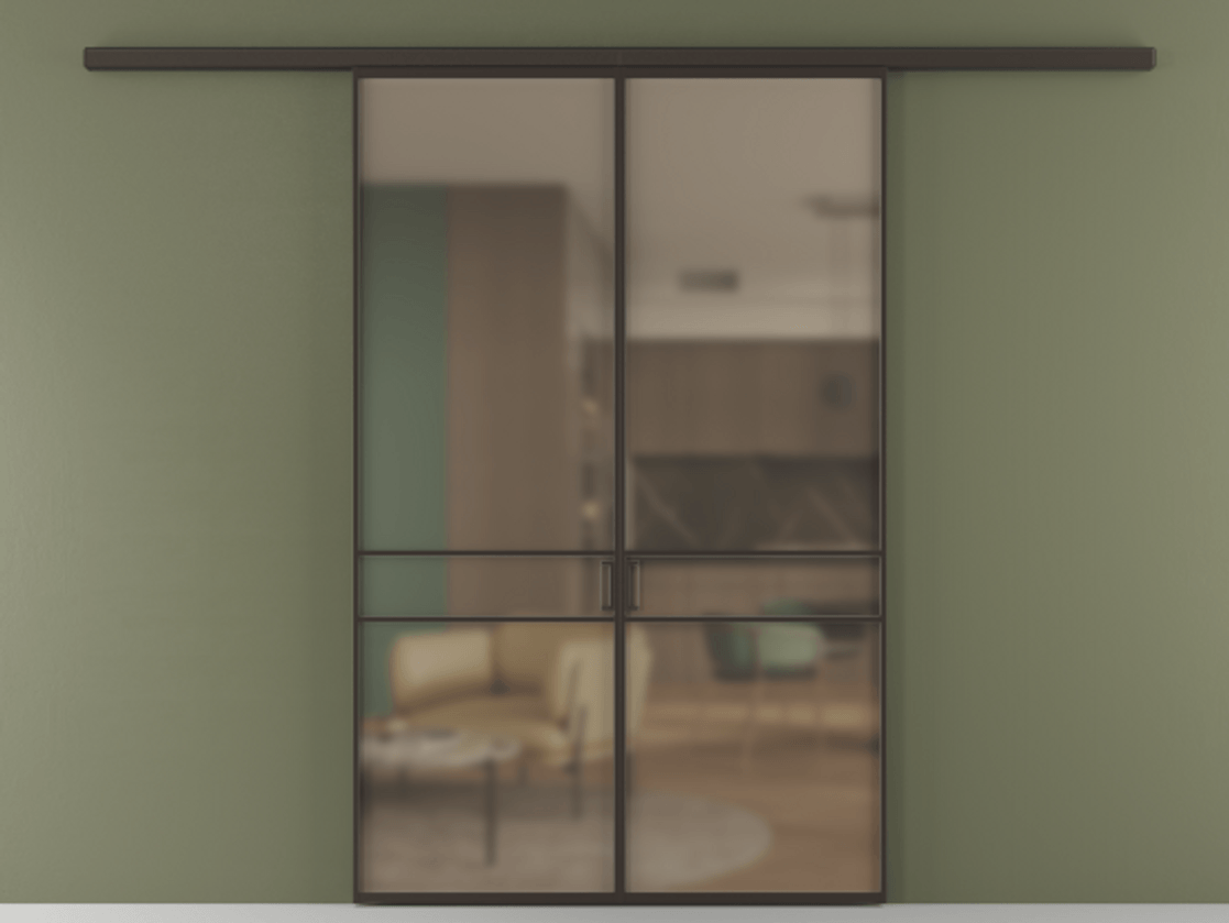 Перегородка Формато вдоль стены 2 створки АЛПР 040.02 Алюминий антрацит Сатинированное бронзовое стекло, триплекс Цена 1534378 ₸ | Volhovec