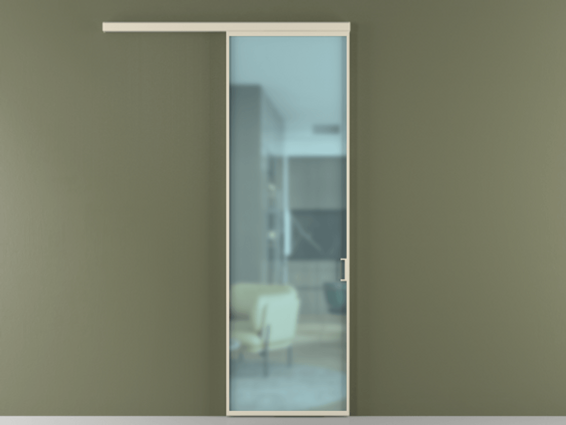 Перегородка Формато вдоль стены 1 створка АЛПР 040.01 Алюминий бежево-серый Сатинированное голубое стекло, триплекс Цена 769306 ₸  | Volhovec