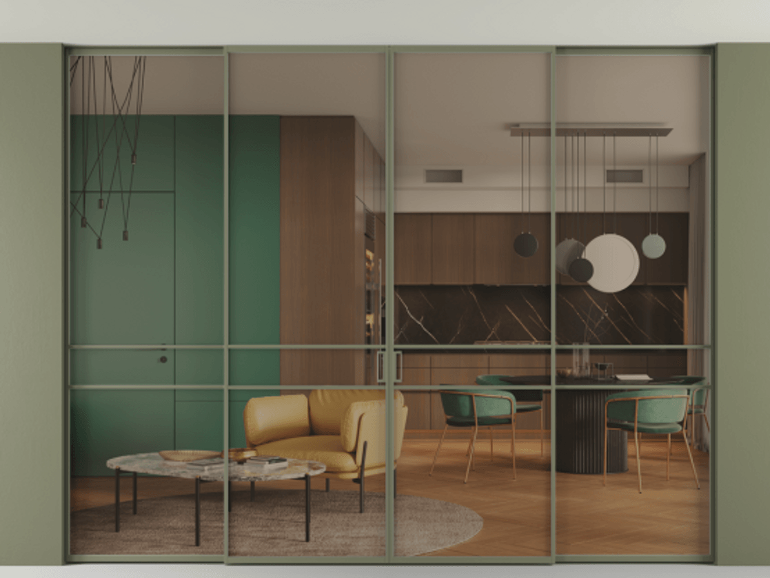 Перегородка Formato внутри проёма четырёхстворчатая со скрытым креплением в потолок АЛПР 040.02 Алюминий оливковый тёмный Прозрачное бронзовое стекло, триплекс, 6 мм.  Цена 3077070 ₸ 1. Полотно 4 шт. (800/2100 мм)
 2. Комплект установки раздвижной системы
 3. Базовый комплект фурнитуры
4.Ручка RONDO. Фабрика дверей Волховец 8 (800) 551 43 19  Перегородка Formato внутри проёма четырёхстворчатая со скрытым креплением в потолок АЛПР 040.02 Алюминий оливковый тёмный Прозрачное бронзовое стекло, триплекс, 6 мм Цена 3077070 ₸ | Volhovec