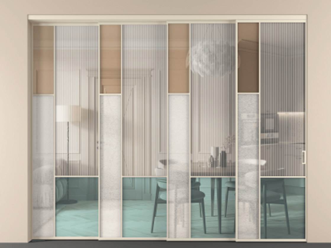 Перегородка Mosaic внутри проёма 4 створки с синхронным механизмом АЛПР 041.13 Алюминий бежево-серый Комбинация стекол Группы 1 и Группы 3. Цена 3815900 ₸ . Фабрика дверей Волховец 8 (800) 551 43 19 Перегородка Mosaic внутри проёма 4 створки с синхронным механизмом АЛПР 041.13 Алюминий бежево-серый Комбинация стекол Группы 1 и Группы 3 Цена 3815900 ₸ | Volhovec