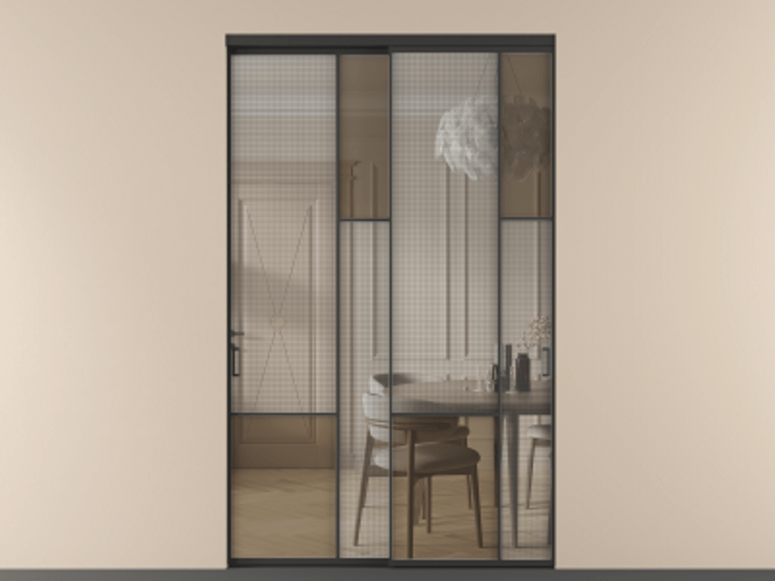 Перегородка Mosaic внутри проёма двустворчатая АЛПР 041.12 Алюминий Черный Mesh silver + Бронза прозрачное триплекс Цена 1436200 ₸ | Volhovec