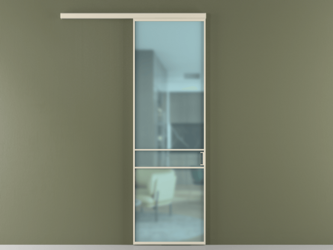 Перегородка Формато вдоль стены 1 створка АЛПР 040.02 Алюминий бежево-серый Сатинированное голубое стекло, триплекс Цена 773577 ₸  | Volhovec