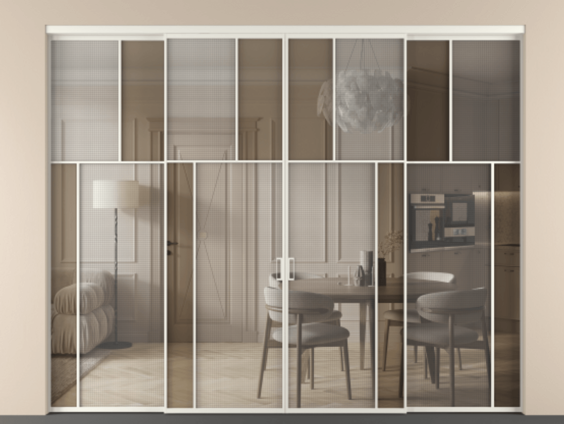 Перегородка Mosaic внутри проёма четырёхстворчатая АЛПР 041.23 Алюминий Белый Декоративное стекло с сеткой "Mesh silver", триплекс, 6 мм + Прозрачное бронзовое стекло, триплекс, 6 мм. Скрытый короб БЕЛ Цена 2750090 ₸ . Фабрика дверей Волховец 8 (800) 551 43 19  Перегородка Mosaic внутри проёма четырёхстворчатая АЛПР 041.23 Алюминий Белый Декоративное стекло с сеткой "Mesh silver", триплекс, 6 мм + Прозрачное бронзовое стекло, триплекс, 6 мм Цена 2750090 ₸ | Volhovec