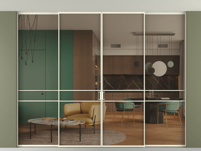 Алюминевая перегородка АЛПР 040.02_АМБ_Бронза триплекс_new. Цвет Алюминий молочно-белый. Материал Алюминий в эмали. Коллекция Перегородка Formato внутри проёма четырёхстворчатая со скрытым креплением в потолок. Фото. Алюминевая перегородка АЛПР 040.02_АМБ_Бронза триплекс_new. Цвет Алюминий молочно-белый. Материал Алюминий в эмали. Коллекция Перегородка Formato внутри проёма четырёхстворчатая со скрытым креплением в потолок. Картинка.