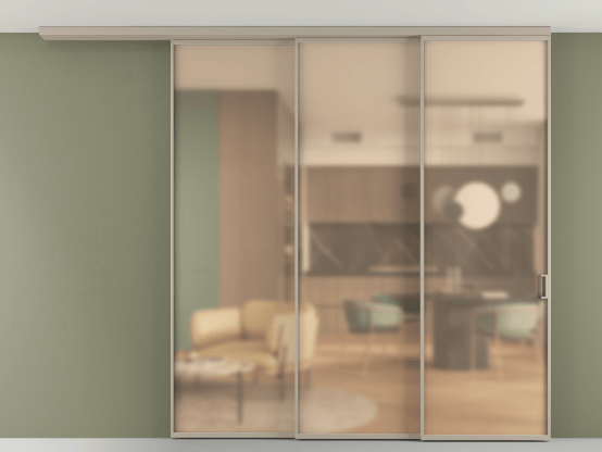 Алюминевая перегородка АЛПР 040.01_АБСК_САТ ОРАНЖ_new. Цвет Алюминий бисквитный. Материал Алюминий в эмали. Коллекция Перегородка Formato вдоль стены на потолок 3 створки с синхронным механизмом. Картинка.