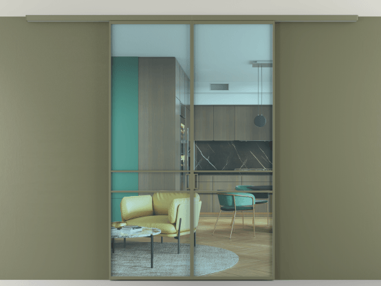 Алюминевая перегородка АЛПР 040.02_АОТ_ПРОЗ ГОЛ_new. Цвет Алюминий оливковый тёмный. Материал Алюминий в эмали. Коллекция Перегородка Формато вдоль стены на потолок 2 створки. Картинка.