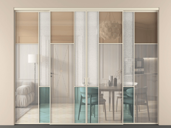 Алюминевая перегородка vnt4_7 Алюминий бежево-серый Четыре стекла. Цвет Алюминий бежево-серый. Материал Алюминий в эмали. Коллекция Перегородка Mosaic внутри проёма 4 створки. Картинка.