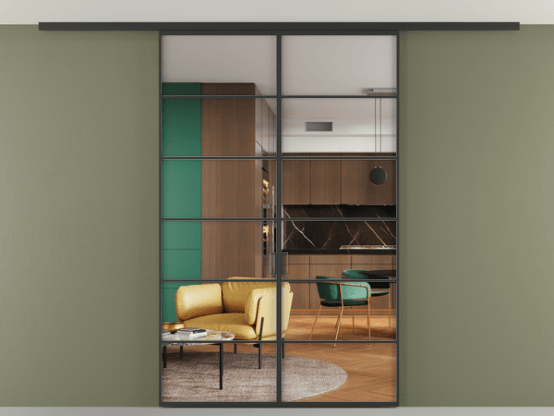 Алюминевая перегородка pv2_04 Crystal Vision прозрачное ЧЕР. Цвет Алюминий Черный. Материал Алюминий. Коллекция Перегородка Формато вдоль стены на потолок 2 створки. Картинка.