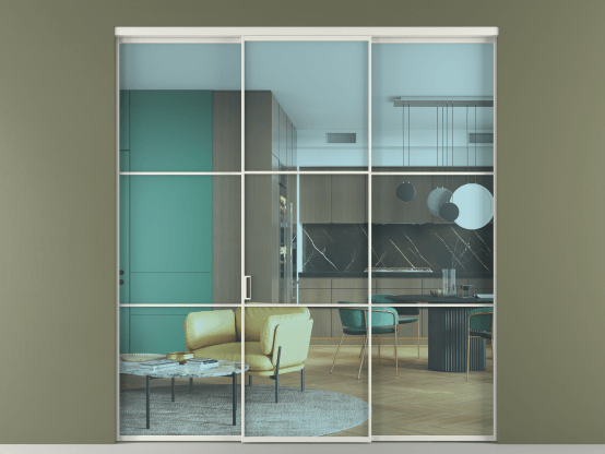 Алюминевая перегородка АЛПР 040.03_АСР_ПРОЗ ГОЛ_new. Цвет Алюминий серый. Материал Алюминий в эмали. Коллекция Перегородка Formato внутри проёма 3 створки. Картинка.