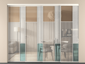 Алюминевая перегородка vntl4_7 Алюминий пудровый белый Четыре стекла. Цвет Алюминий пудровый белый. Материал Алюминий в эмали. Коллекция Перегородка Mosaic внутри проёма 4 створки с синхронным механизмом. Картинка.