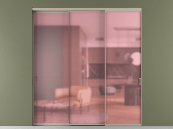 Алюминевая перегородка АЛПР 040.01_АБСК_САТ РОЗ_new. Цвет Алюминий бисквитный. Материал Алюминий в эмали. Коллекция Перегородка Formato внутри проёма 3 створки с синхронным механизмом. Картинка.